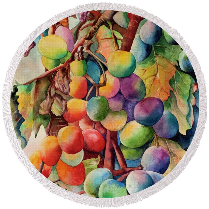 Grapes Round Beach Towel featuring the painting Fantasy Grapes #1 by Diane Fujimoto