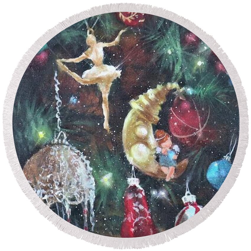  Christmas Ornaments Round Beach Towel featuring the painting Favorite Things by Tom Shropshire
