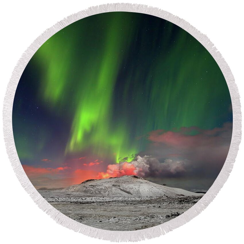 Iceland Round Beach Towel featuring the photograph Fire and light #2 by Christopher Mathews