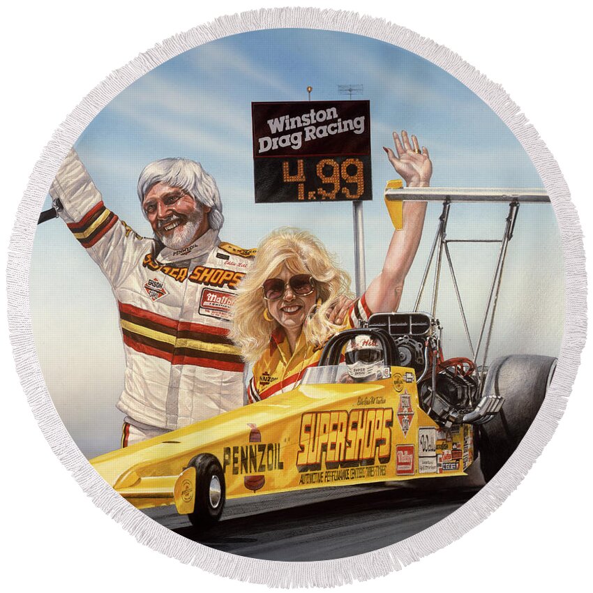 Nhra Funny Car Hell Fire Nitro Top Fuel Dragster Kenny Youngblood John Force Round Beach Towel featuring the painting First in the Fours #1 by Kenny Youngblood