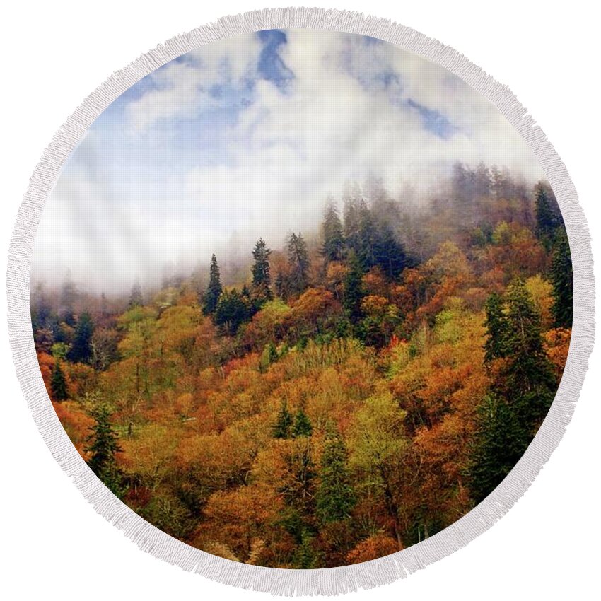 Fall Round Beach Towel featuring the photograph Foggy Fall #1 by Marty Koch
