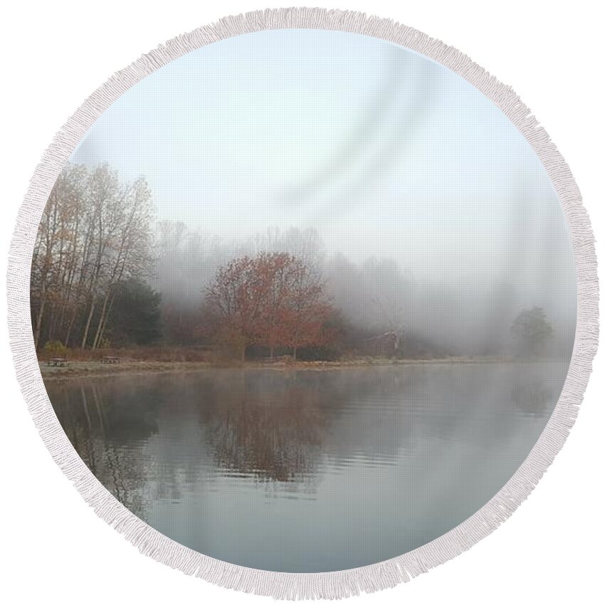 Fall Round Beach Towel featuring the photograph Foggy Morn at Silvercreek by Vincent Matheney