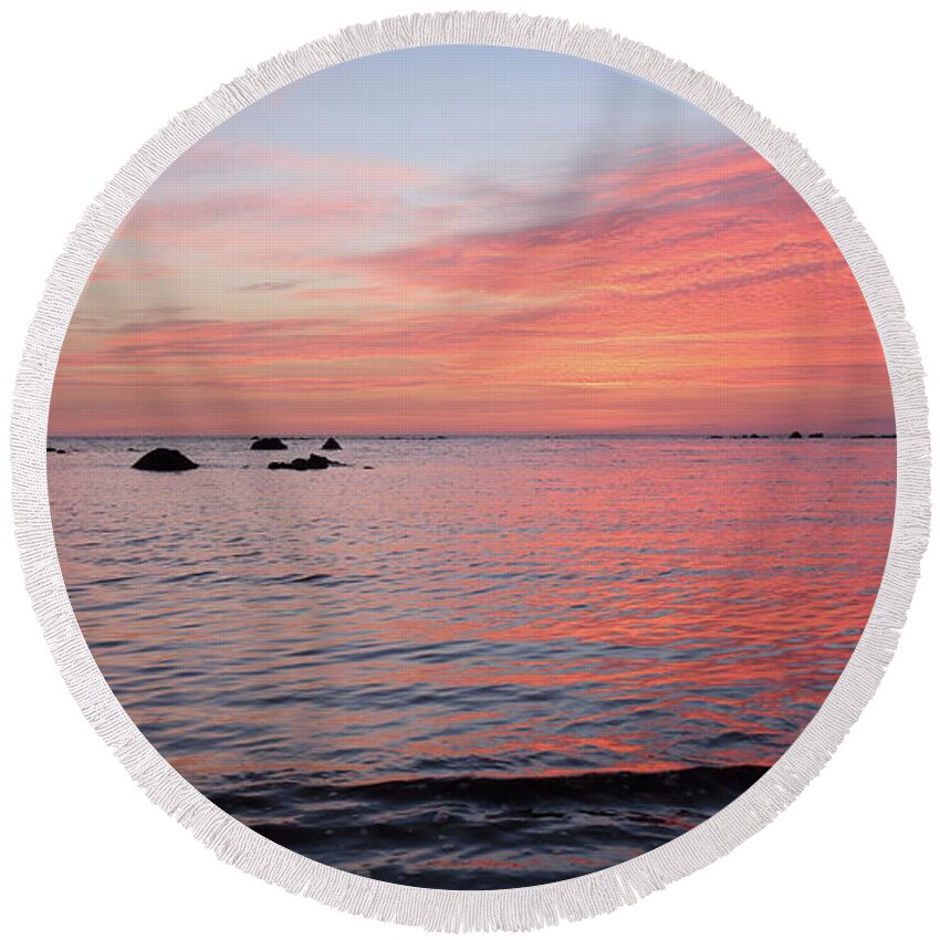 Sunset Furbo Galway Ireland Wildatlanticway Photography Galway-bay Clouds Sky Ocean Beach Prints Round Beach Towel featuring the photograph Furbo beach sunset #1 by Peter Skelton