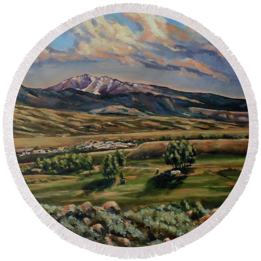 Western Landscape Round Beach Towel featuring the painting Gardiner and Electric Peak From Scotty's Place by Les Herman