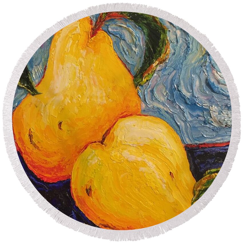 Golden Pears Round Beach Towel featuring the painting Golden Pears #2 by Paris Wyatt Llanso