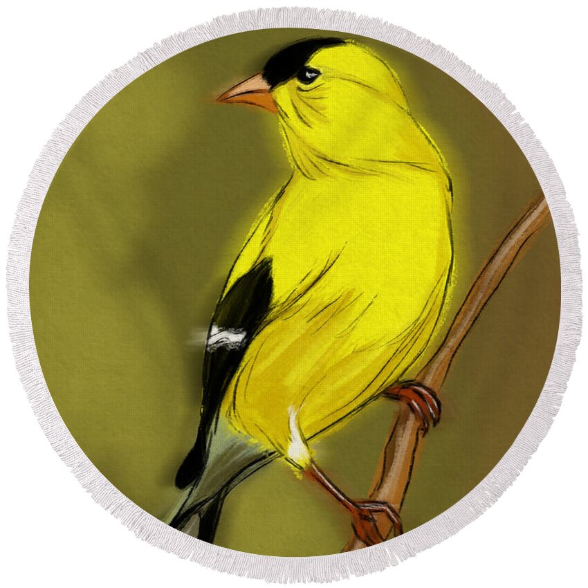 Birds Round Beach Towel featuring the digital art Goldfinch #1 by Michael Kallstrom