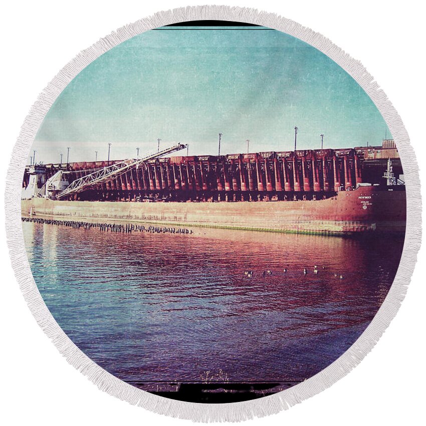 Railroad Round Beach Towel featuring the digital art Great Lakes Freighter by Phil Perkins