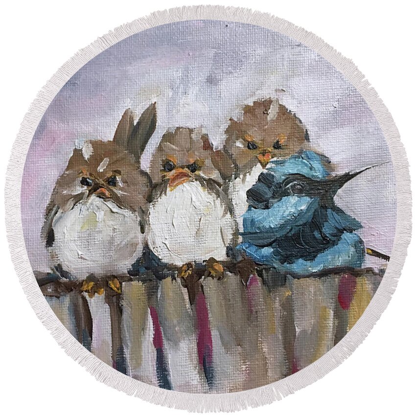 Grumpy Birds Round Beach Towel featuring the painting Grumpy Morning #1 by Roxy Rich