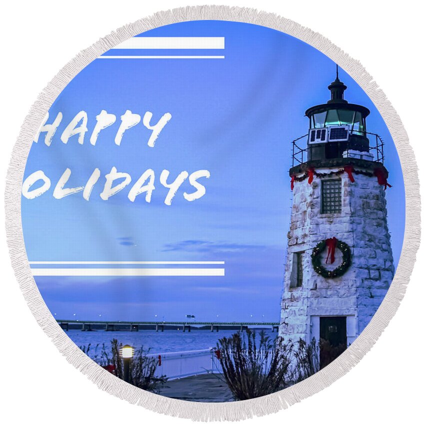 Happy Holidays From Goat Island Lighthouse Round Beach Towel featuring the photograph Happy Holidays from Goat Island Lighthouse #1 by Christina McGoran