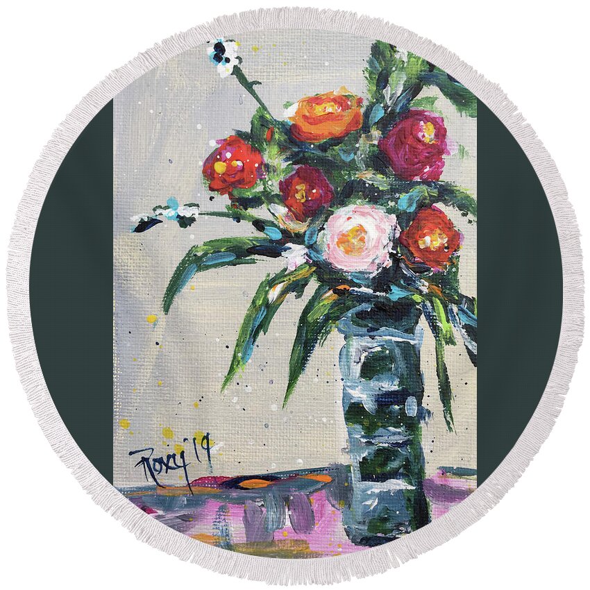 Roses Round Beach Towel featuring the painting Happy Little Roses by Roxy Rich