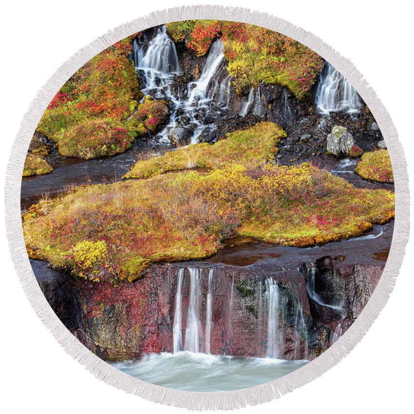 Attraction Round Beach Towel featuring the photograph Hraunfossar or Lava Falls, Snaefellsnes peninsula, Iceland. This #1 by Jane Rix