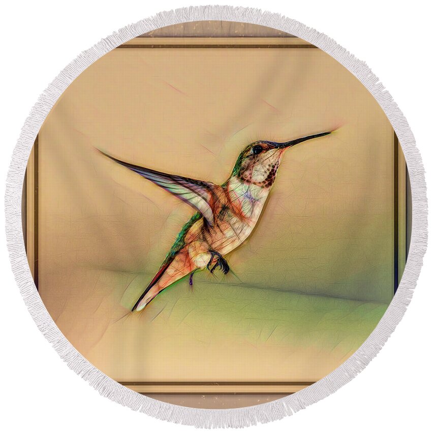 Linda Brody Round Beach Towel featuring the digital art Hummingbird Art 1 by Linda Brody