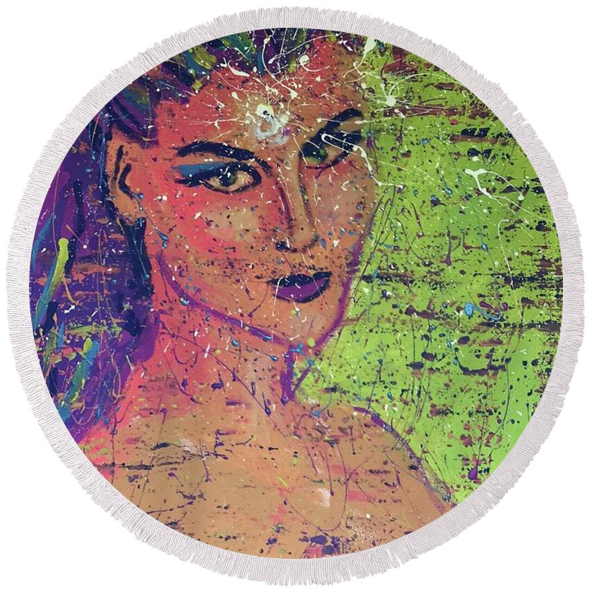 Angel Round Beach Towel featuring the painting I am with you #1 by Monica Elena
