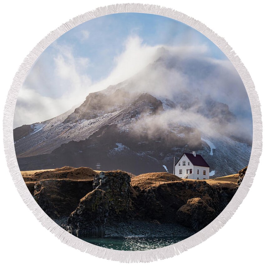 Arnarstapi Round Beach Towel featuring the photograph Iceland landscape in winter at Arnarstapi village. #1 by Michalakis Ppalis
