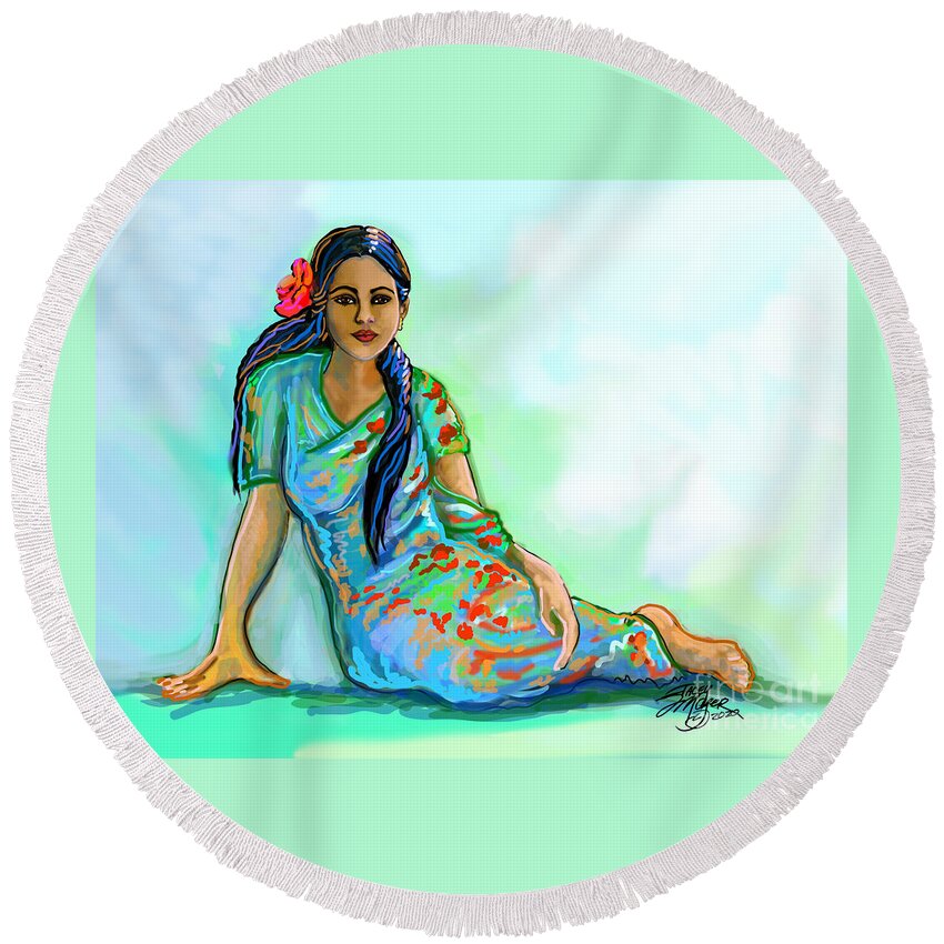 Indian Woman With Sari Round Beach Towel featuring the digital art Indian Woman With Flower by Stacey Mayer
