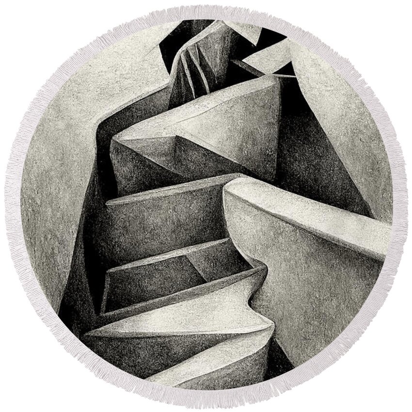 M.c. Escher Round Beach Towel featuring the digital art Interpretation of Escher's Infinite Stairs #1 by Sabantha