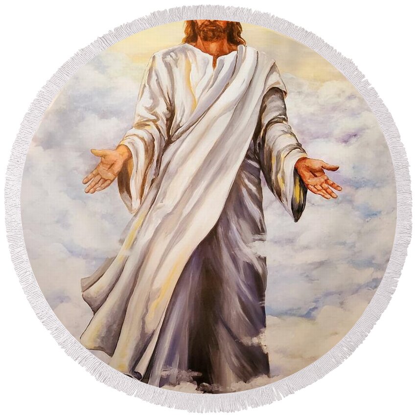 Christ Round Beach Towel featuring the painting King of Kings #1 by Carole Powell