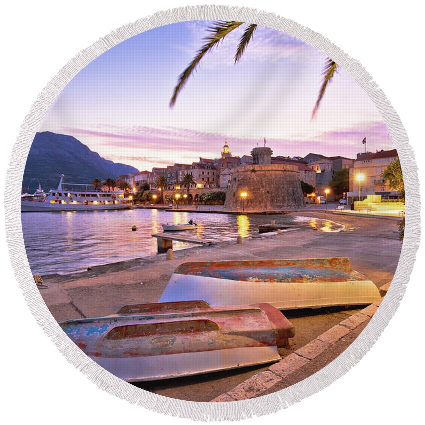 Korcula Round Beach Towel featuring the photograph Korcula beach and coastline colorful evening view #1 by Brch Photography