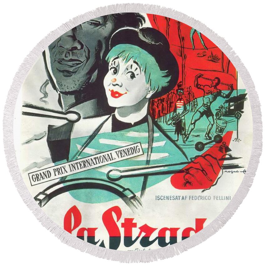 Roger Round Beach Towel featuring the mixed media ''La Strada'', 1954 - art by Roger Jacquier by Movie World Posters