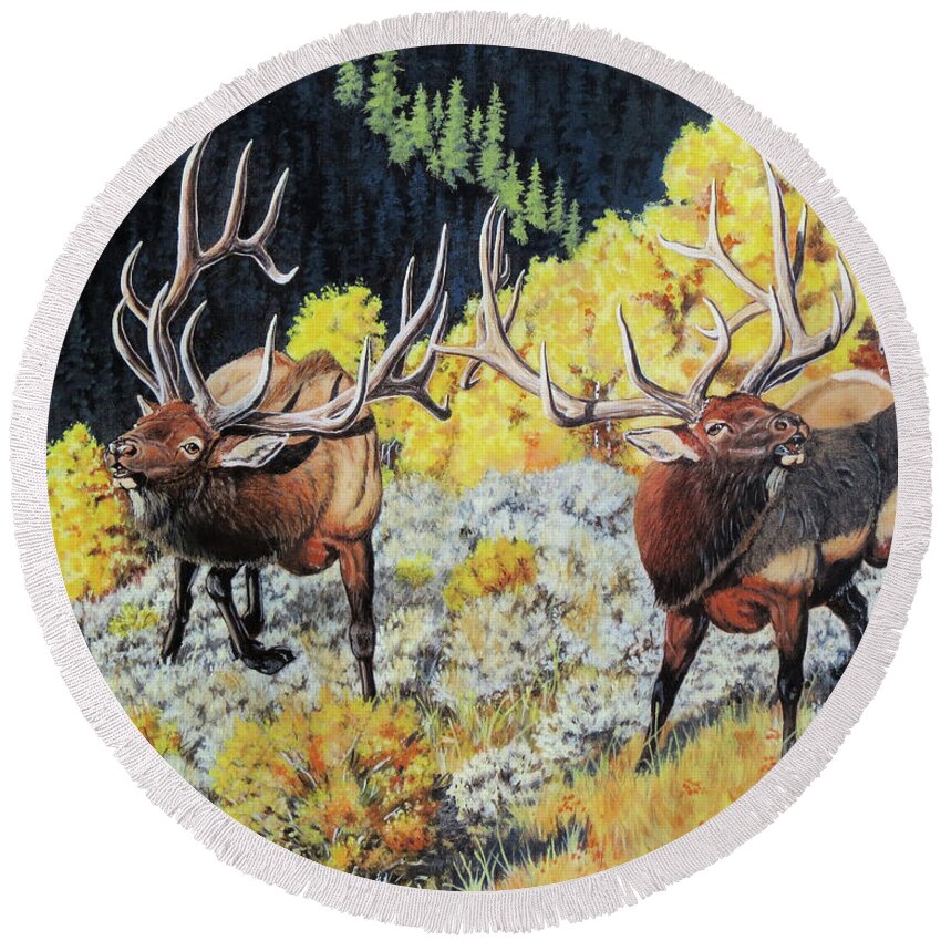 Bull Elk Round Beach Towel featuring the painting Royal Meeting by Darcy Tate