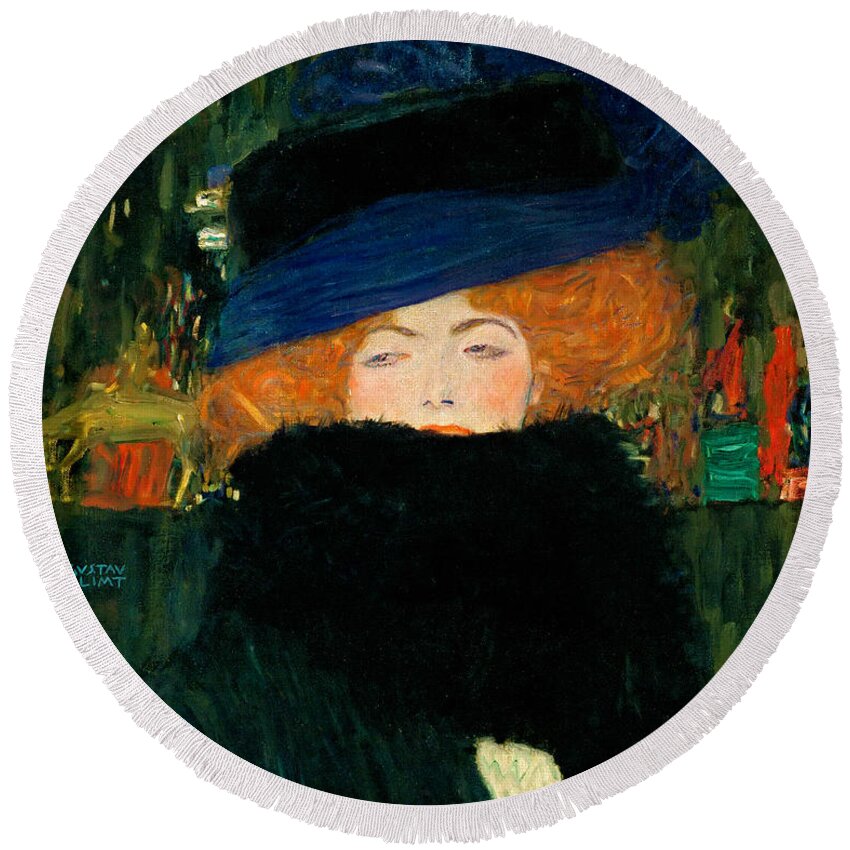 Landscape Round Beach Towel featuring the painting Lady with Hat and Feather Boa #1 by Gustav Klimt