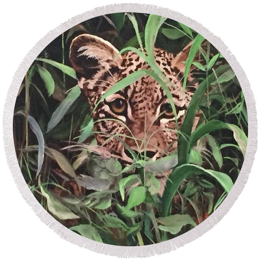 Leopard Round Beach Towel featuring the painting Leopard In Jungle by Judy Rixom