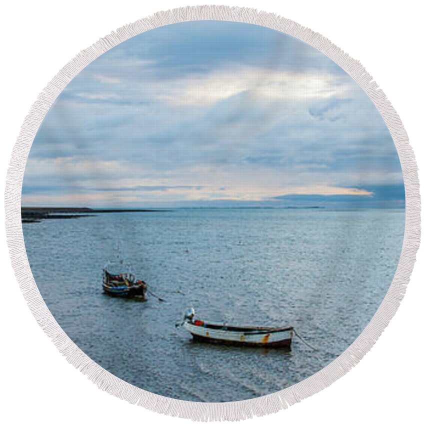 Lindisfarne Round Beach Towel featuring the photograph Lindisfarne Harbour and Castle #2 by Max Blinkhorn