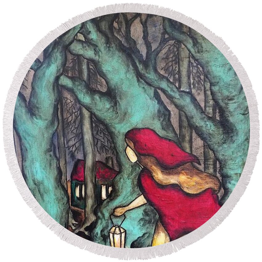 Little Red Riding Hood Round Beach Towel featuring the painting Little Red Riding Hood #1 by Chris Jeanguenat