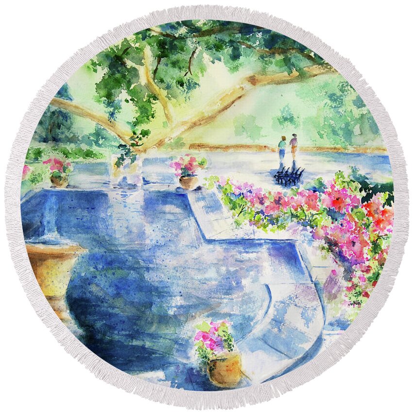 Fountain Round Beach Towel featuring the painting Live Oak Garden at Bellingrath by Jerry Fair