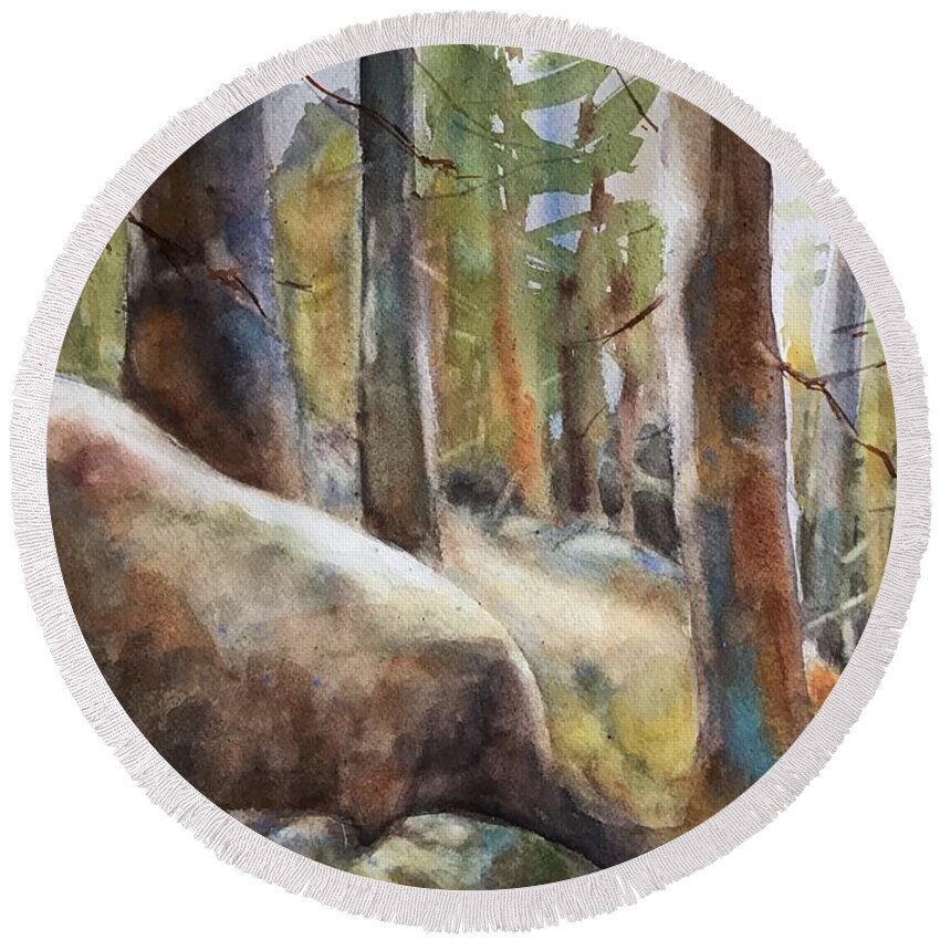 Watercolor Round Beach Towel featuring the painting Lost in the Woods #1 by Judith Levins