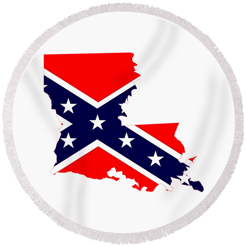 Louisiana Round Beach Towel featuring the digital art Louisiana State Map And Confederate Flag #1 by Bigalbaloo Stock