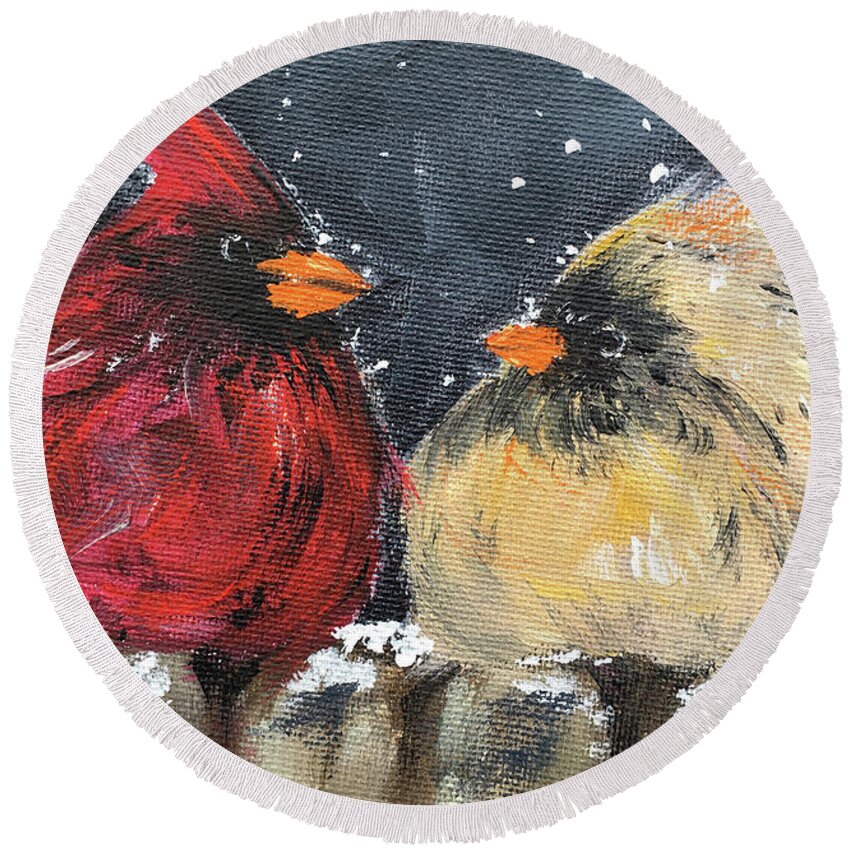 Cardinals Round Beach Towel featuring the painting Love at First Flight by Roxy Rich
