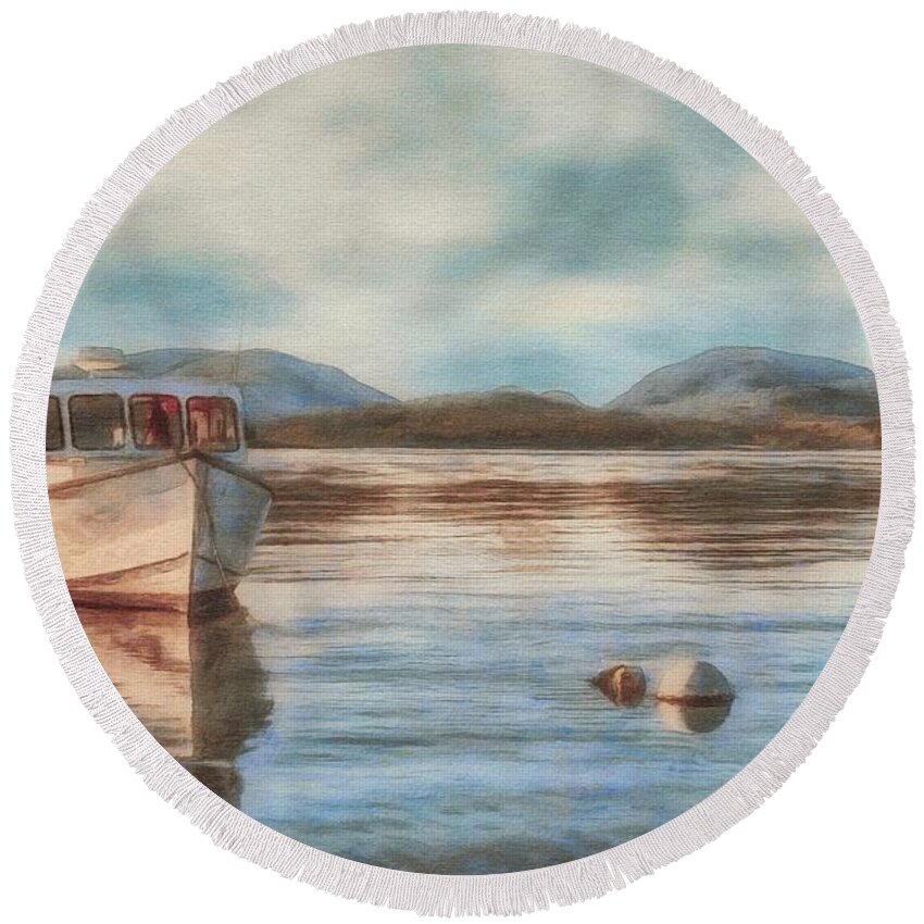 Acadia Round Beach Towel featuring the painting Maine Boats 2 by Jeffrey Kolker