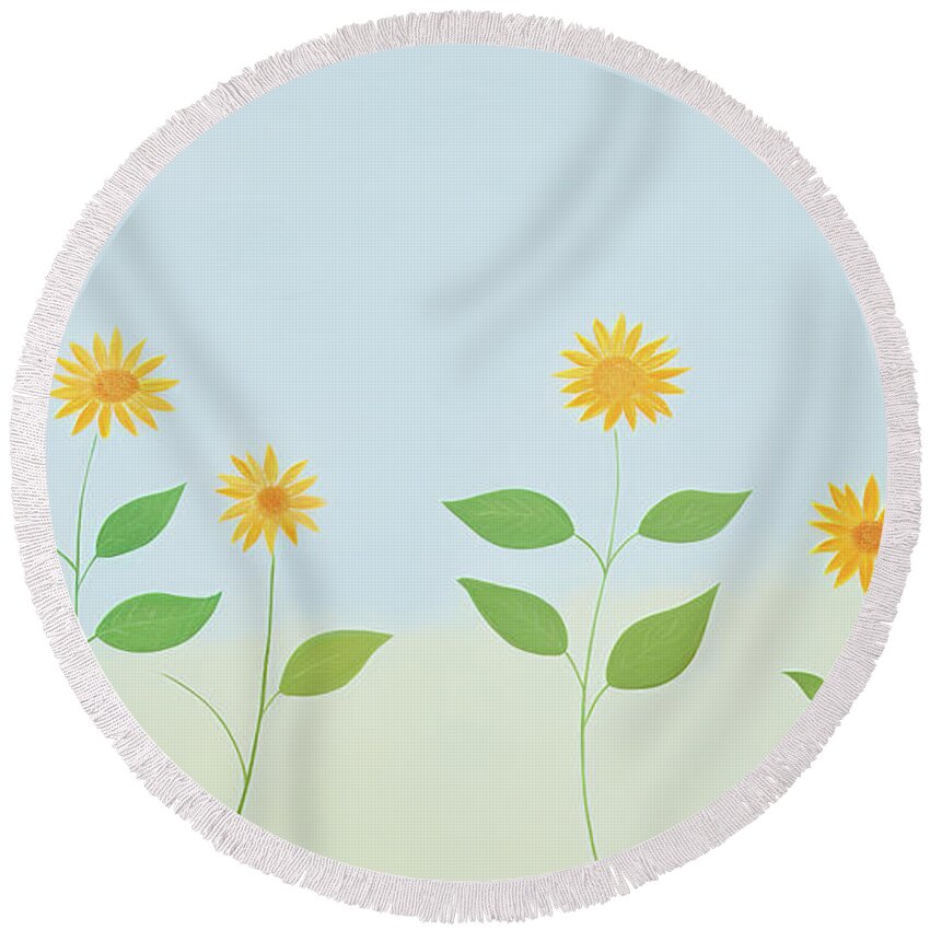 Flower Round Beach Towel featuring the digital art Many yellow sunflower flowers on isolated background. #1 by Odon Czintos