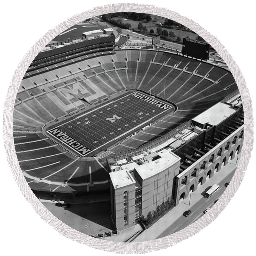 Michigan Football Round Beach Towel featuring the photograph Michigan Stadium overhead in black and white #1 by Eldon McGraw