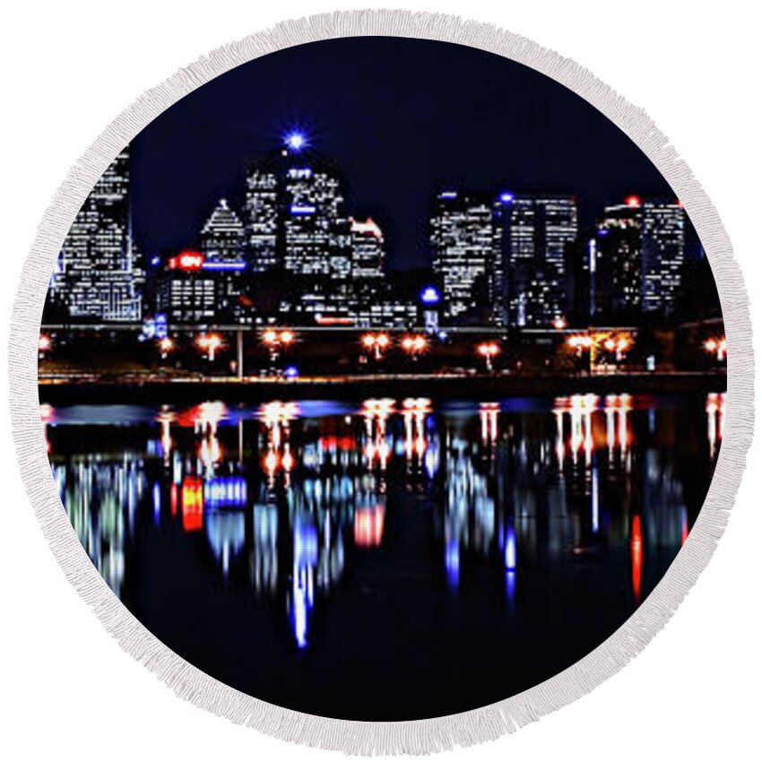  Montreal Round Beach Towel featuring the photograph Montreal Skyline by night by Frederic Bourrigaud