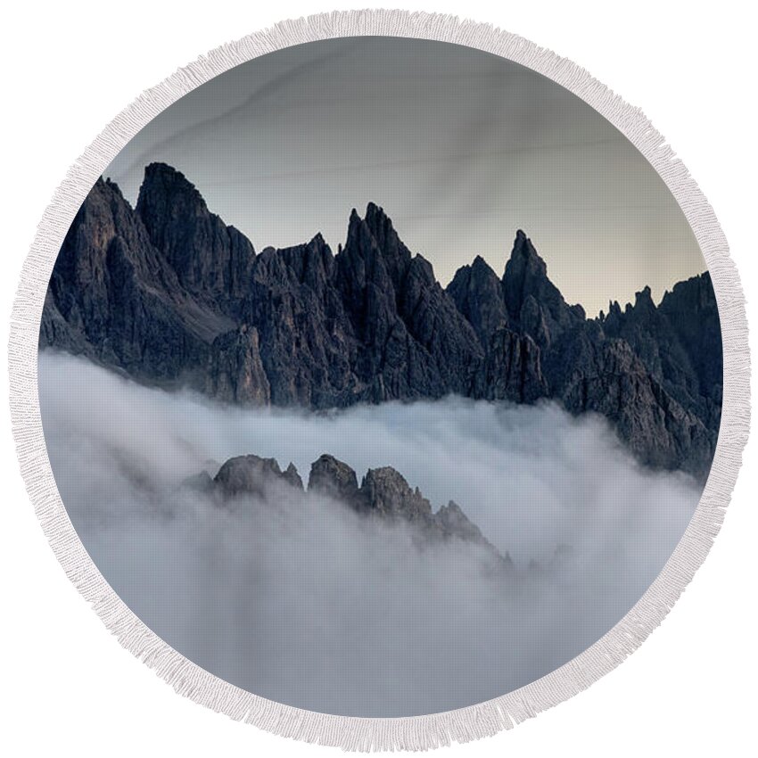 Dolomiti Round Beach Towel featuring the photograph Mountain landscape with mist, at sunset Dolomites at Tre Cime Italy. by Michalakis Ppalis