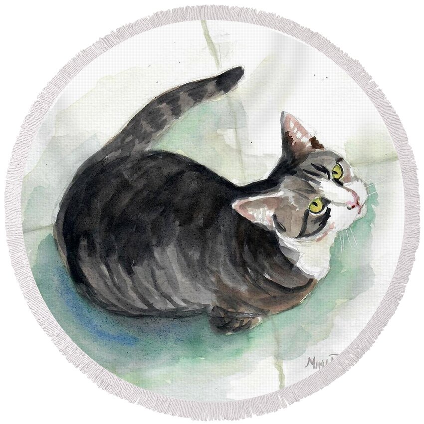 Tabby Cat Round Beach Towel featuring the painting Mr Grey #1 by Mimi Boothby
