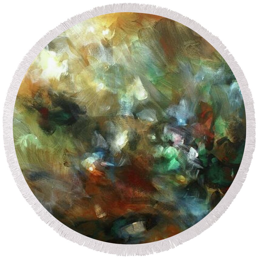 Abstract Round Beach Towel featuring the painting Natures Veil #1 by Michael Lang