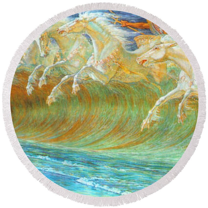 Walter Crane Symbolism Greek Mythology Neptune Poseidon Horses English Round Beach Towel featuring the painting Neptune's Horses #1 by Walter Crane