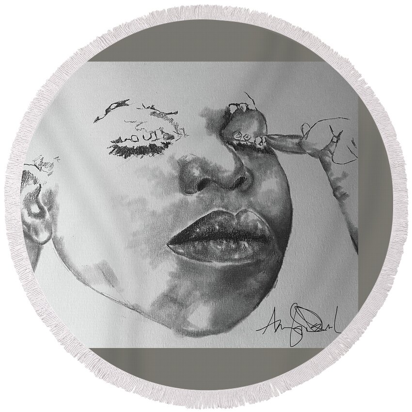  Round Beach Towel featuring the drawing Nina by Angie ONeal