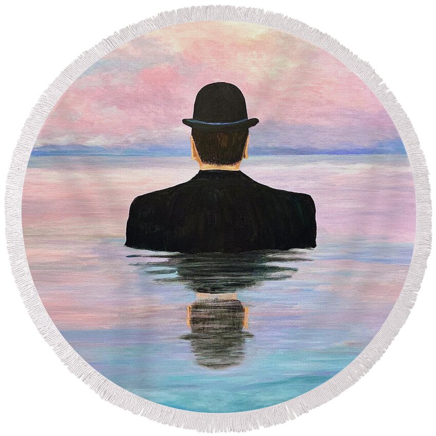 Magritte Inspired Round Beach Towel featuring the painting No Man Is An Island #1 by Thomas Blood