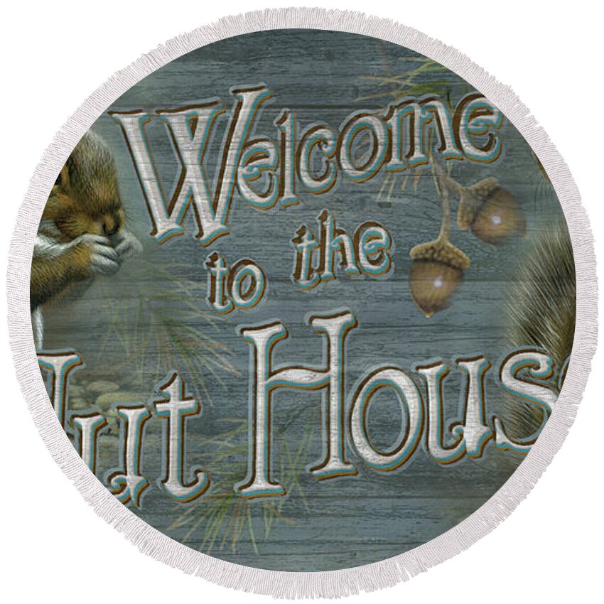 Jq Licensing Round Beach Towel featuring the painting Nut House Sign #1 by Jeff Wack