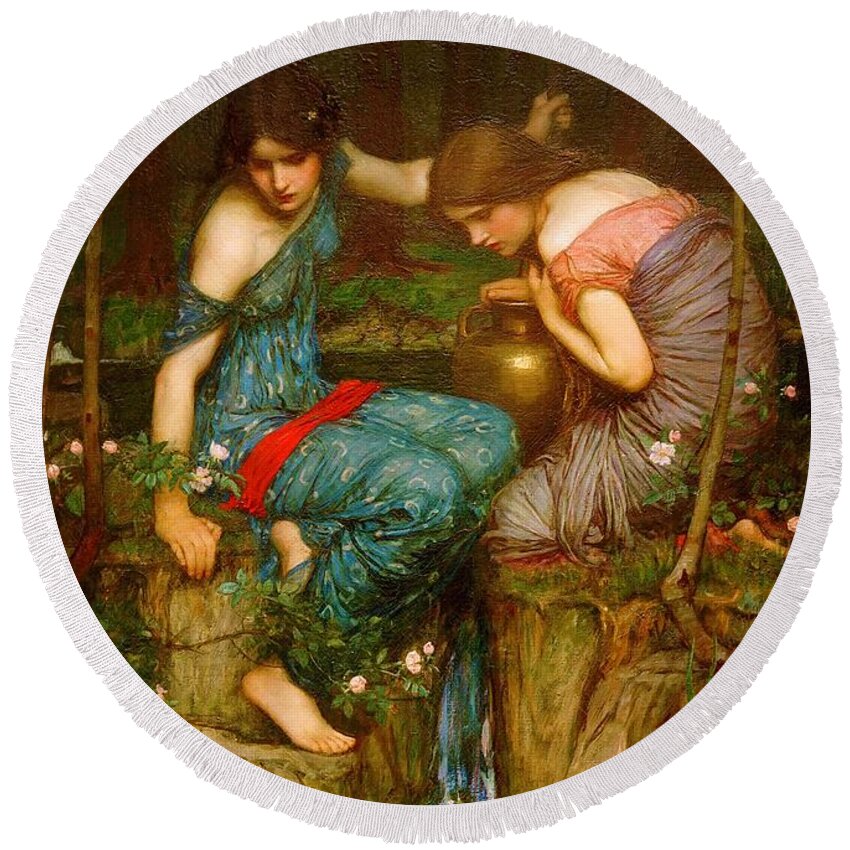 Nymphs Finding The Head Of Orpheus Round Beach Towel featuring the painting Nymphs finding the head of Orpheus by John William Waterhouse