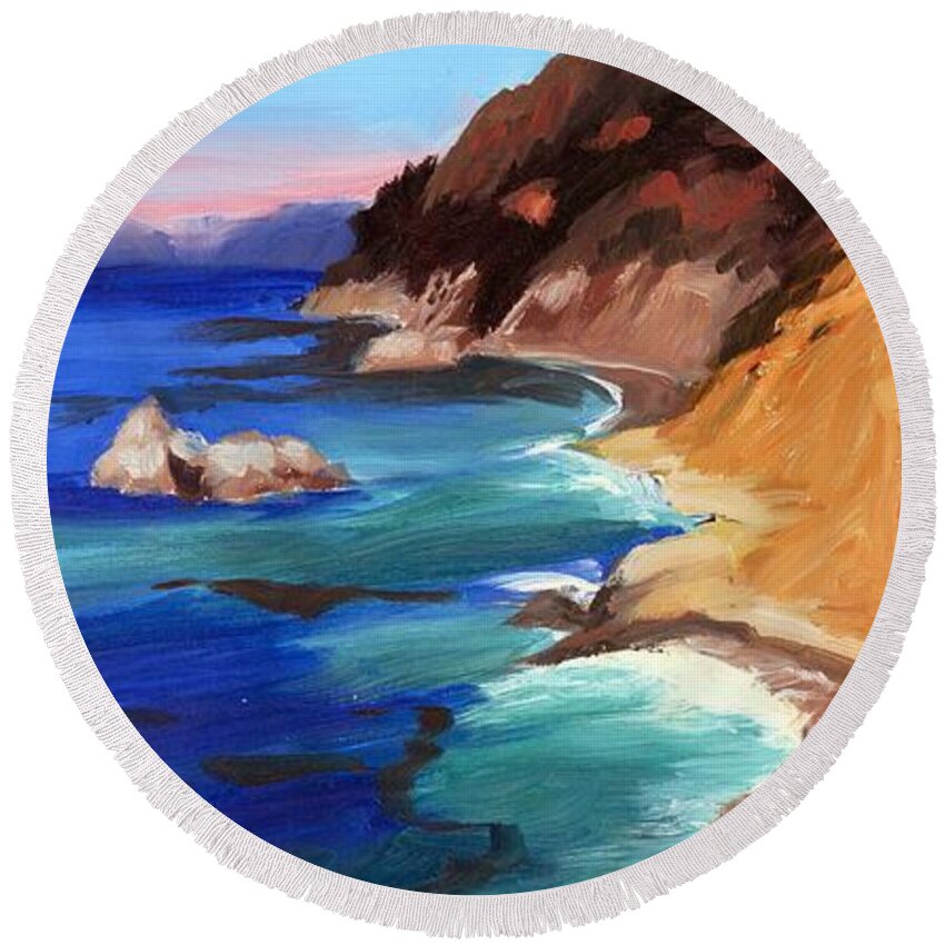 Cliff Round Beach Towel featuring the painting Ocean View at Big Sur by Alice Leggett