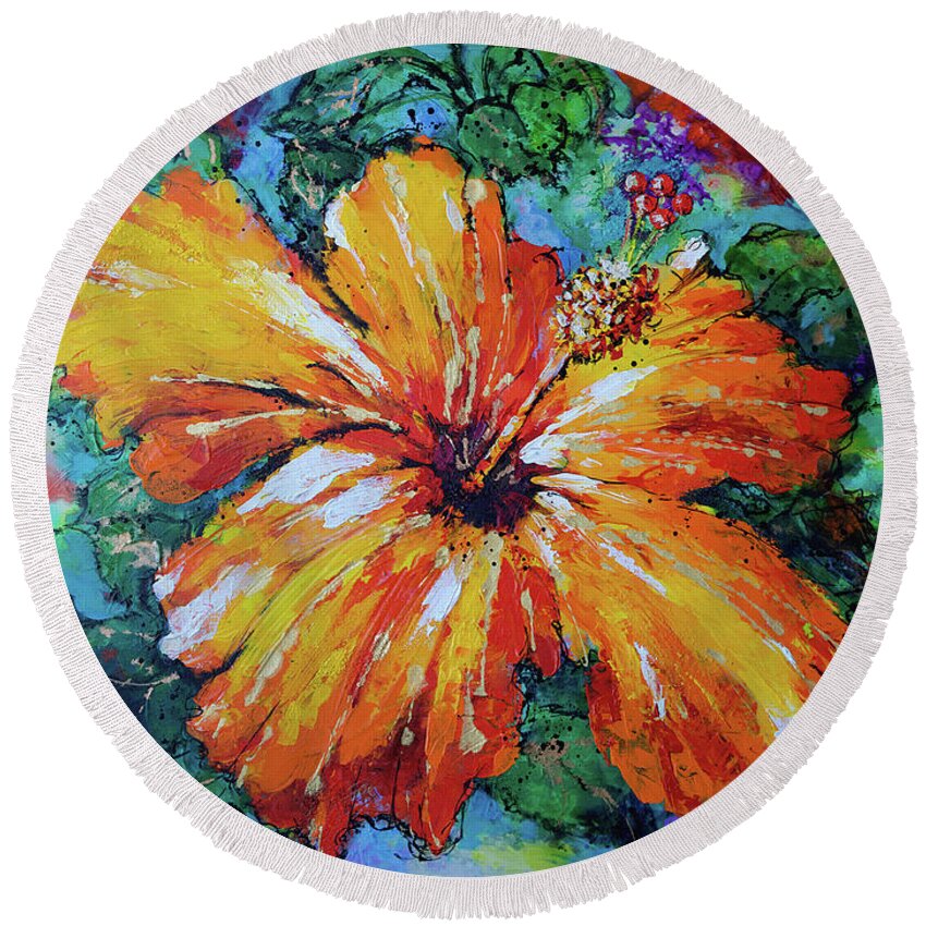 Orange Hibiscus Round Beach Towel featuring the painting Orange Hibiscus by Jyotika Shroff