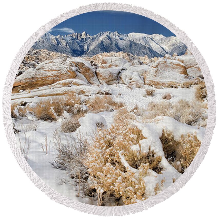 Dave Welling Round Beach Towel featuring the photograph Panorama Winter Sunrise Alabama Hills Eastern Sierras by Dave Welling