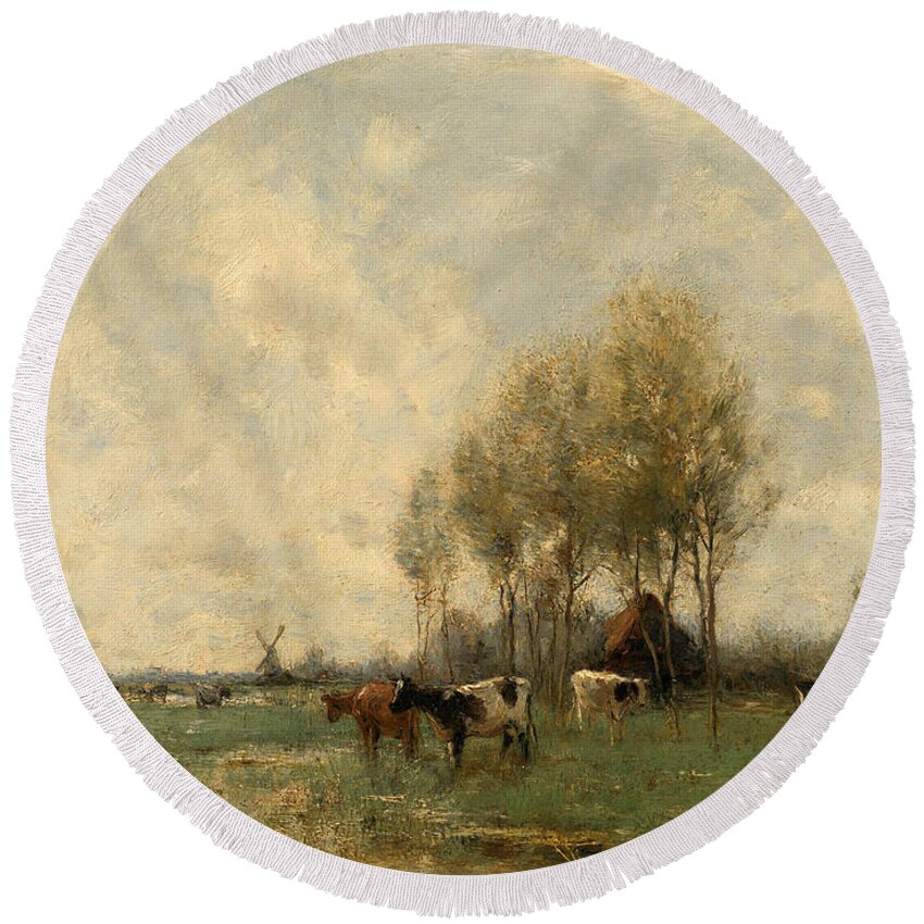 Willem Maris Round Beach Towel featuring the painting Pasture with cows #1 by Willem Maris