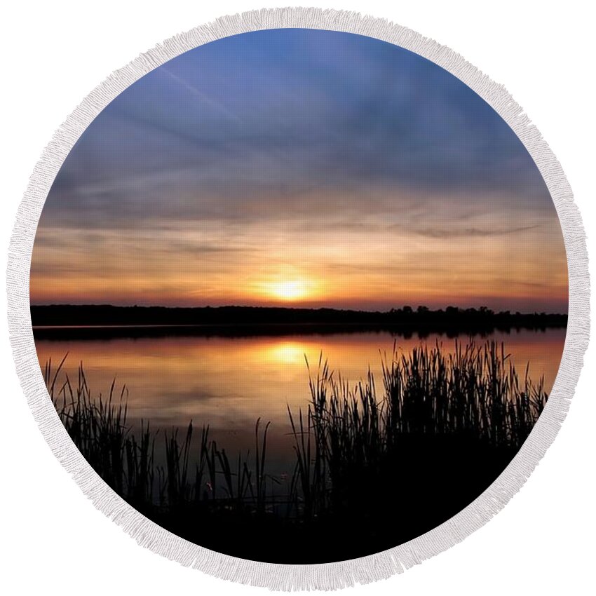 Lake Round Beach Towel featuring the photograph Peaceful Sunset #1 by Mary Walchuck