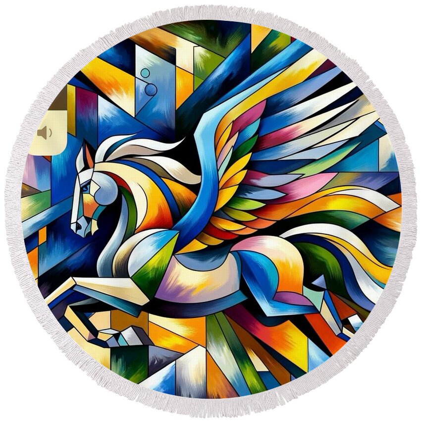 Pegasus Round Beach Towel featuring the painting Pegasus #2 by Emeka Okoro